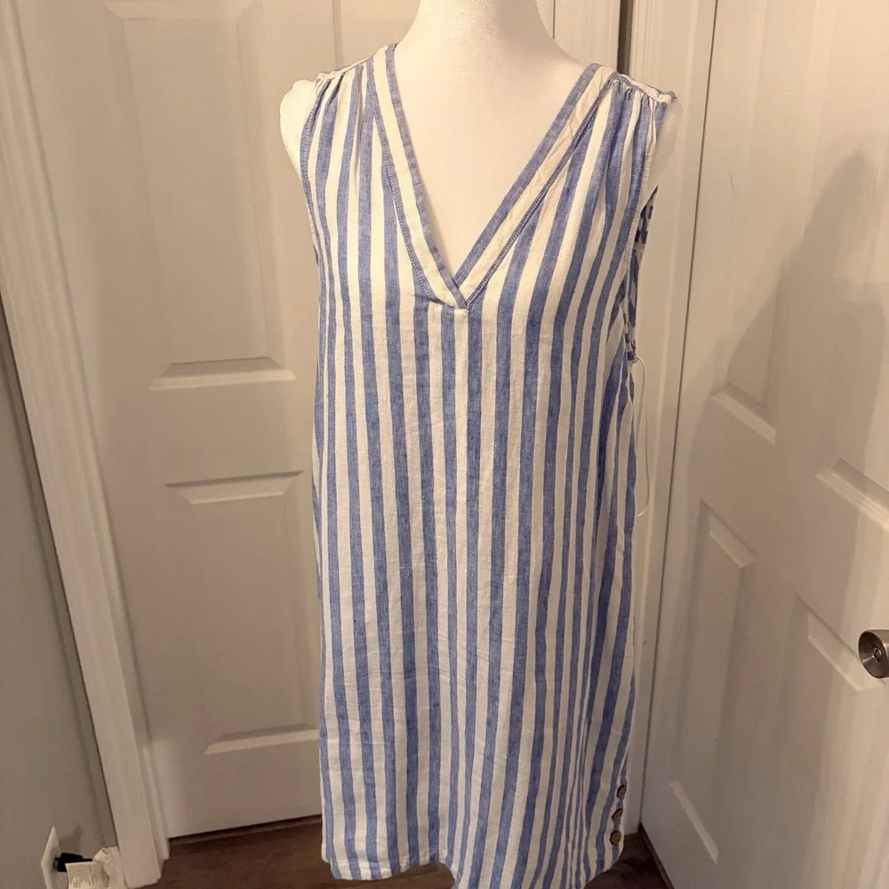 Nicole Miller 100% Linen V-Neck Dress Blue White Striped Popover Nautical Resort - Picture 7 of 10